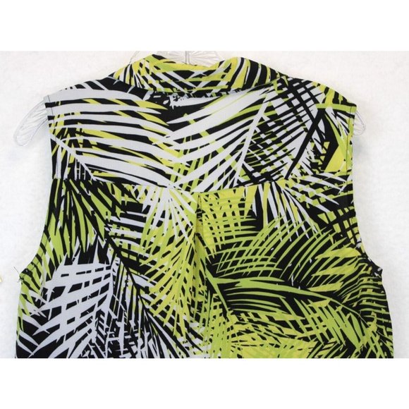 Tacera A-Line Button Down Dress Sleeveless Leaf Print Yellow Black - Picture 7 of 13